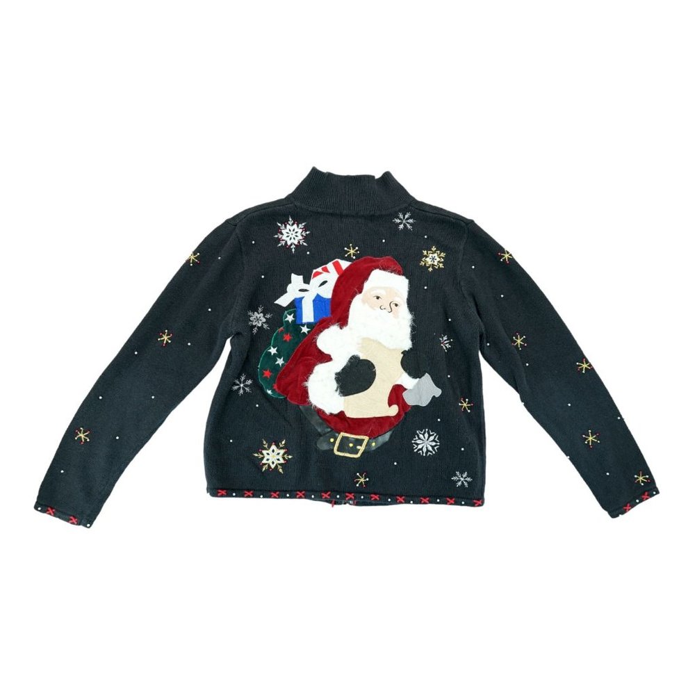 Vintage 1990s‎ Black Ugly Christmas Zip Up Black Sweater with Santa Sz Medium